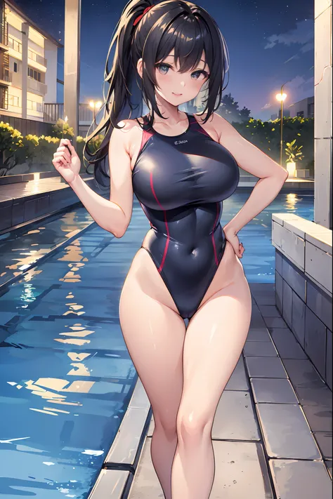 top-quality、Full limbs、complete fingers、1 female、Beautiful 25 year old sister、((Perfect blue and red competitive swimsuit))、Raw feet、A big smile、(poneyTail:1.3)、Medium hair、(shiny black fine hair:1.2), ((Perfect female body))、perfectly proportions、(masutep...