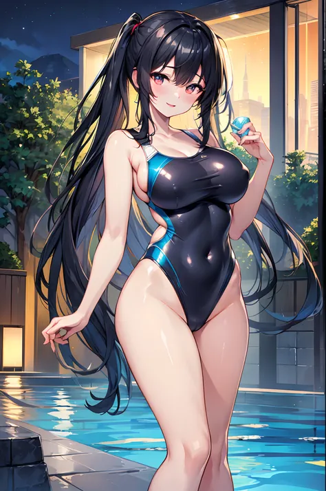 top-quality、Full limbs、complete fingers、1 female、Beautiful 25 year old sister、((Blue, red and white competitive swimsuit))、Raw feet、A big smile、(poneyTail:1.3)、(shiny black fine hair:1.2), ((Perfect female body))、perfectly proportions、(masutepiece, Best Qu...