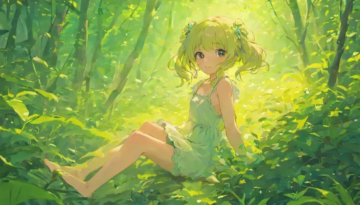 a cute loli，Barefoot，Tummy down，Look up at your head，raise her legs，shift dresses，white  panties，largeeyes，Cute faces in anime，looking at book，Wet、rivulets、In the woods