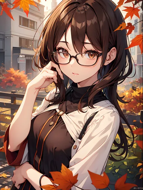 1人の女性、brown haired(Curta)、Brown eyes、Black-rimmed glasses、Best Quality、ultra-detailliert、8K resolution、Raw photo、masutepiece、seductive boobs、gorgeous faces、Perfect body、Autumn landscape、Autumn foliage picking