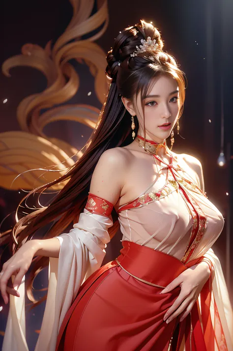 Gilded Chinese Palace,looki at viewer,depth of fields,bokeh dof,light falling,((A MILF))、pregnant woman、Red dress transparent underwear、one-girl、Red shirt、a black skirt、huge-breasted、 with brown eye、(long whitr hair、brunette color hair、Very straight hair:1...