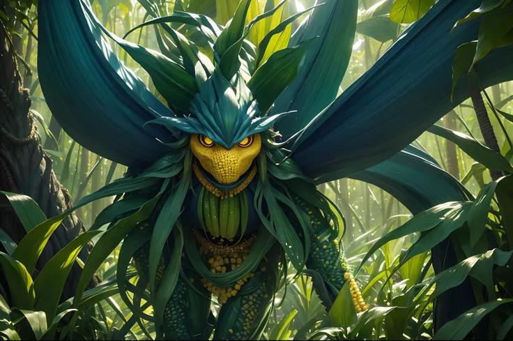 Close up of animated corn creature, magic jungle full of ((magical corn creatures)) running between the dense trees, or columping in vines, happy palette of colours, dreamy, intrincate, highly detailed. Light filtering through the trees.