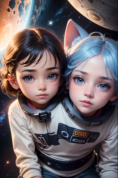 Cartoon illustration of a boy and a girl in space with cat, official fan art, in space, kitten in outer space, in outer space, in deep space, in galaxies, deep space exploration!!!, space travel, wearing in stars and planets, outer space, outer space, star...