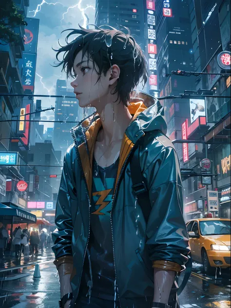 1boy,a 13 yo boy、Wet body、Cyberpunk Boy、The beginning of the adventure、(drenching:2)、(Lightning:1.5)、Lots of clouds,heavy fog、Fog,Chaotic city of the future、Movie dystopia、A group of very tall skyscrapers stands in the center、Very complex cityscape,Crowded...