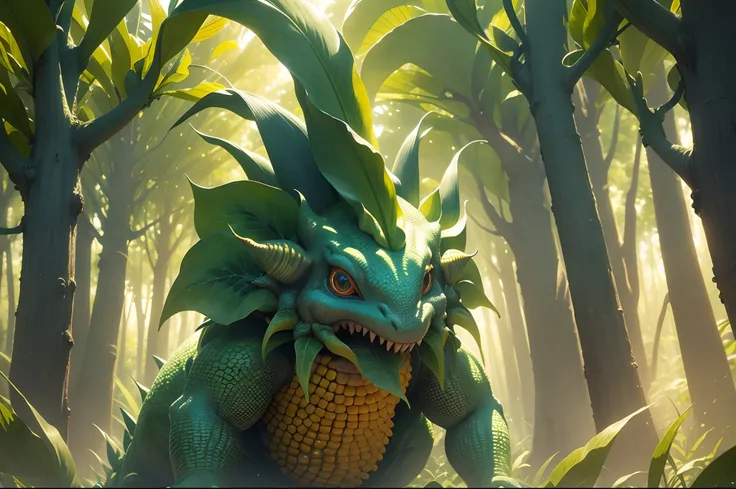 Close up of animated corn creature, magic jungle full of ((magical corn creatures)) running between the dense trees, or columping in vines, happy palette of colours, dreamy, intrincate, highly detailed. Light filtering through the trees.