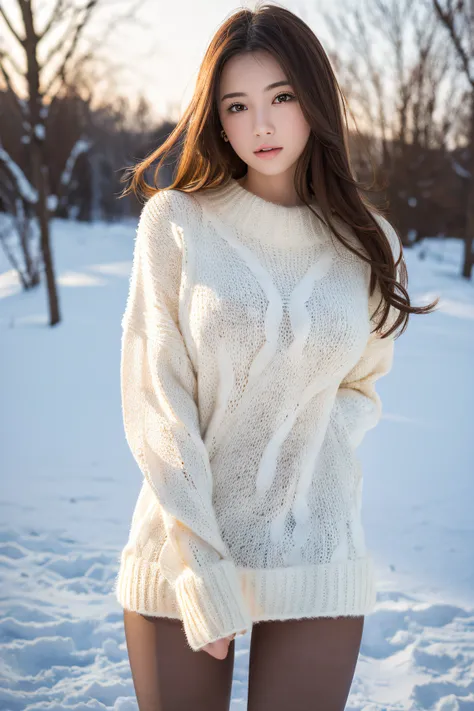 (RAW photo) Winters，snow landscape，teenage (orange-shouldered sweater)，medium breasts, long hair, lacepantyhose, white underwear, Random color，long sweater，depth of fields，Real light，Ray traching，OC renderer，UE5 renderer，Hyper-realistic，best qualtiy，8K，Wor...