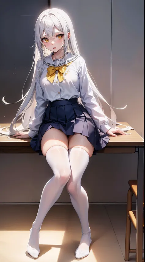 1 Anime Girl With Long White Hair Is Yellow Eye, Wearing a skirt is school clothes, corada, em uma sala de aula, sentada na mesa, de perna aberta, Mostrando Cueca Branca, is wearing white pantyhose, white hair is yellow eye, is released, Wearing a skirt is...