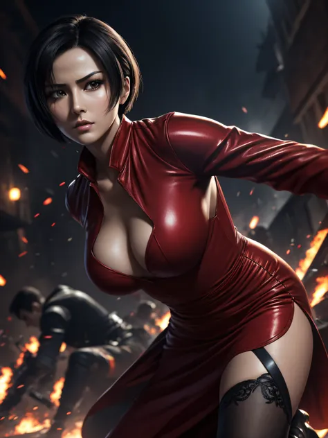 Arti modern anime. angled view, heroic pose, face closeup portrait of stunningly beautiful (Ada Wong from Resident Evil) as an heroic brave lady, in a violent action scene, wind blowing short black hair, slim body, highly ornamented and detailed red long d...