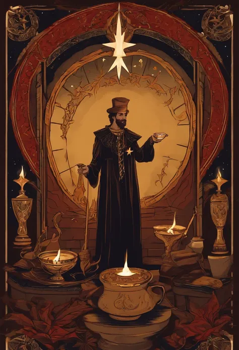 tarot card, the magician, man, standing, robes, (holding candle up), table with items, star, pentacle, cup, sword, wand