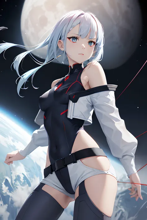 ​masterpiece, top-quality, Hi-Res, LU1, cyborgs, Light blue long hair、makeup, bare shoulders​, Black Leotard, High-leg retards, (string:1.1), white jaket, Open jacket, a belt, shortpants, planetes, a moon, planet earth(planetes)