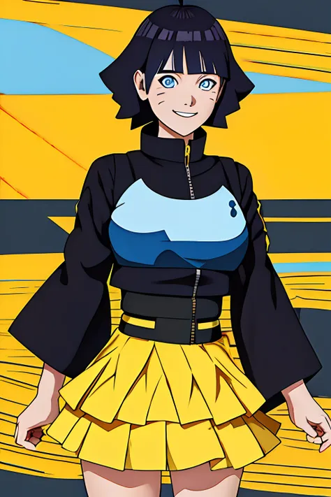 1girl, uzumaki himawari in anime boruto, long hair, black hair, blue eyes, smile, beautiful, yellow clothes, very big breast, realistic clothes, detail clothes, outdoor background, ultra detail, realistic