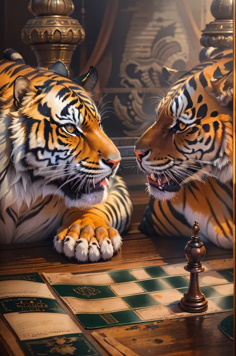 There are two tigers playing chess with each other on a table, Pintura 4K altamente detalhada, incredible painting, pintura de realismo detalhado, incredible painting, painting oil on canvas, detailed 4 k oil painting, Pintura 4K detalhada, cara a cara, jo...