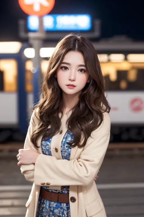 1womanl、Early 20s、(Strong-willed super beautiful woman)、(ultra beautiful faces)、Wearing makeup、Wavy brown hair、Standing on the station platform in the big city at night、Background is a stationary train、Shallow depth of field