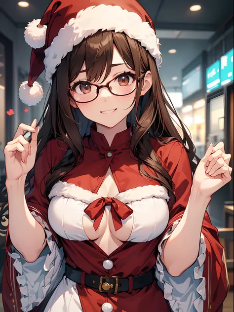 1人の女性、brown haired(Curta)、Brown eyes、Black-rimmed glasses、Best Quality、ultra-detailliert、8K resolution、Raw photo、masutepiece、seductive boobs、gorgeous faces、Perfect body、a smile、santa claus