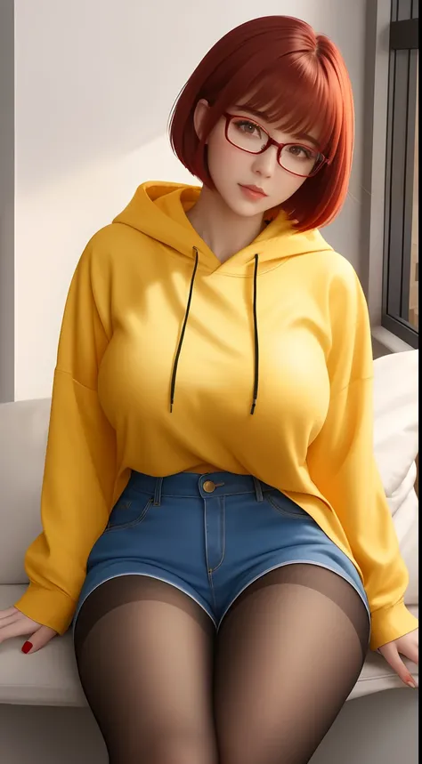 A girl with huge breast and sitting in room,red eyes ,short hair,glasses , yellow Hoodie,blue short , pantyhose