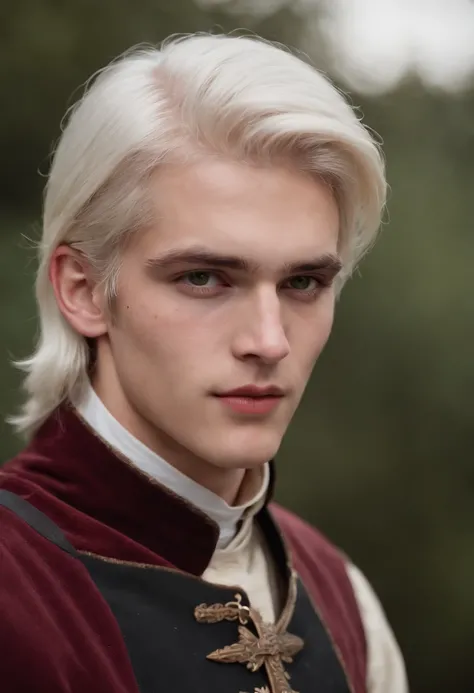 (((a deep reddish wound crosses his left cheek))) fair complexion, man around 19 years old, natural white hair, distinctive green eyes, wearing kohl, slender and graceful, beautiful, candlelight in a medieval setting, ultra sharp focus, realistic shot, med...