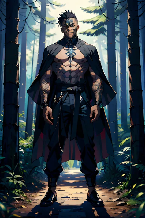 (masterpiece, best quality:1.2), full body shot, Black male focus, Black boy, Black muscular sukuna variation, Black hair, Black skin, very big menacing smile, white tactical sorcerer outfit with cape, tattoo_on_his_face, tattoo_ryoumen, hands in the pocke...