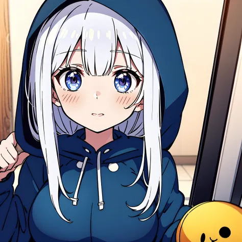 long whitr hair，hoody，anime big breast，（5 years old 1 girl）（adolable）is shy,（White color hair）, By bangs，face to the viewer