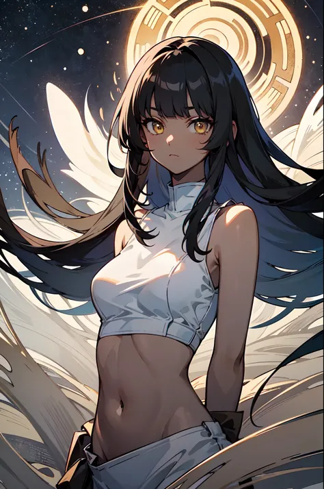 1girl, solo, teen, (dark skin:1.25), black hair, (long hair, big hair), ((hime cut, blunt bangs, blunt sidelocks)), hair flowing down, messy hair, straight hair, yellow eyes, glowing eyes, egyptian clothes, white top, courtain top, navel, (pelvic courtain)...