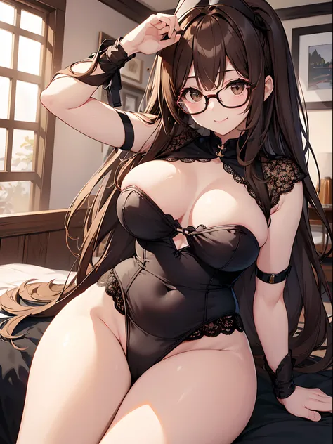 1人の女性、brown haired(Curta)、Brown eyes、Black-rimmed glasses、Best Quality、ultra-detailliert、8K resolution、Raw photo、masutepiece、seductive boobs、gorgeous faces、Perfect body、a smile、bunnygirl