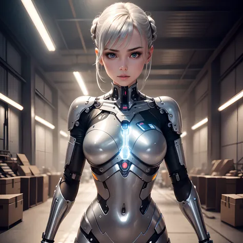 finest image, portrait, detailed and delicate depiction, the face is human and the body is chrome plated mechanical parts sexy beautiful cute android cyborg female is working on replacing her abdominal parts, light silver glossy braided bangs short hair, p...