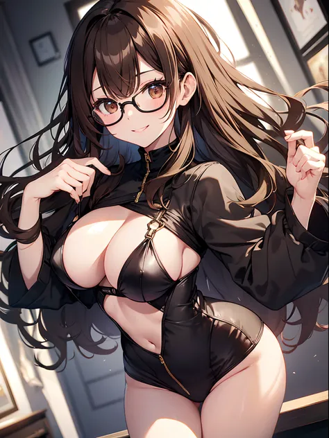 1人の女性、brown haired(Curta)、Brown eyes、Black-rimmed glasses、Best Quality、ultra-detailliert、8K resolution、Raw photo、masutepiece、seductive boobs、gorgeous faces、Perfect body、a smile、bunnygirl