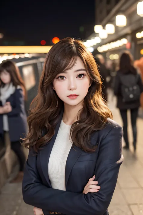 1womanl、Early 20s、(Strong-willed super beautiful woman)、(ultra beautiful faces)、Wearing makeup、Wavy brown hair、Standing on the station platform in the big city at night、Background is a stationary train、Shallow depth of field