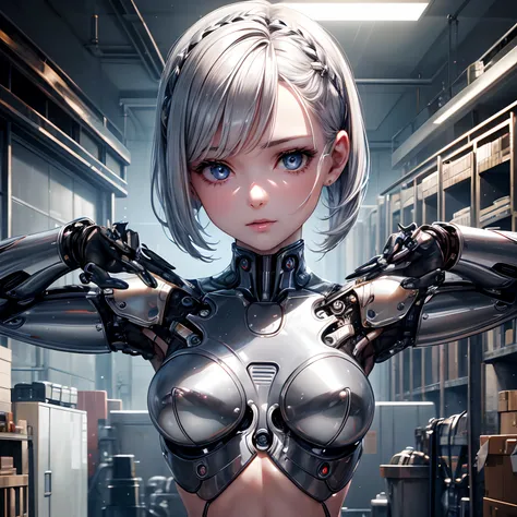 finest image, portrait, detailed and delicate depiction, the face is human and the body is chrome plated mechanical parts sexy beautiful cute android cyborg female is working on replacing her abdominal parts, light silver glossy braided bangs short hair, p...