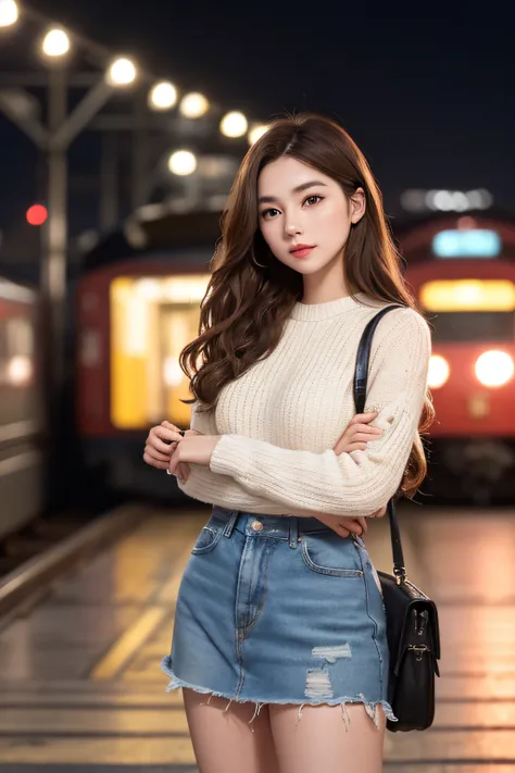 1womanl、Early 20s、(Strong-willed super beautiful woman)、(ultra beautiful faces)、Wearing makeup、Wavy brown hair、Standing on the station platform in the big city at night、Background is a stationary train、Shallow depth of field