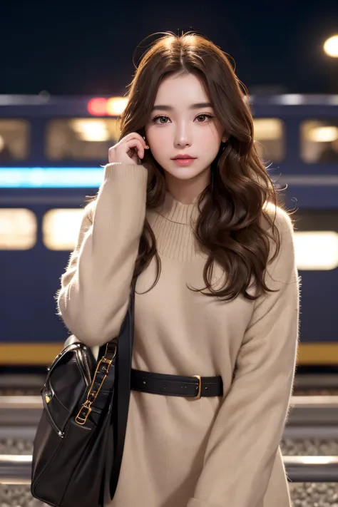 1womanl、Early 20s、(Strong-willed super beautiful woman)、(ultra beautiful faces)、Wearing makeup、Wavy brown hair、Standing on the station platform in the big city at night、Background is a stationary train、Shallow depth of field