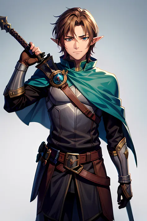 high detailed half-elf male, elf, brown_hair messy_hair smiling_face, green_eyes, scar_across_eye, pointed_ears, tan, armor brea...