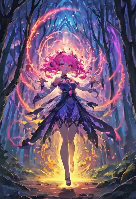 (a pink-haired demon woman,spells:1.1,glowing:1.1)(illustration)(best quality,ultra-detailed,realistic:1.37),demonic witch(demonic:1.1)(magic:1.1)(forest)(dark and mysterious,ominous atmosphere),casting powerful spells,creating magical energy(magic:1.1),vi...