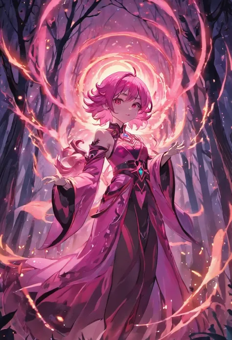 (a pink-haired demon woman,spells:1.1,glowing:1.1)(illustration)(best quality,ultra-detailed,realistic:1.37),demonic witch(demonic:1.1)(magic:1.1)(forest)(dark and mysterious,ominous atmosphere),casting powerful spells,creating magical energy(magic:1.1),vi...