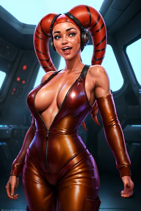 red skin, twilek, cockpit, piloting ship, pilot looking up, perspective, dynamic pose, large breasts, detailed face and eyes, upper body, detailed background, ship, open jacket, white tanktop, black leather jacket, highly detailed, best quaility, high reso...