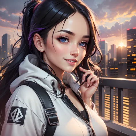 girl, perfect eyes, perfect face, volumetric lighting, mature female, MILF, streetwear, urban style, black hair, colorful streaks, intricate hairdo, smiling, happy, Suva, dark theme, sunset, clouds, masterpiece, detailed, realistic, detailed background, 4k...