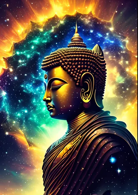 dreamlikeart, galaxy, outer space, nebula, star, [cyberpunked] Buddha from the Stars. (star:1.5),