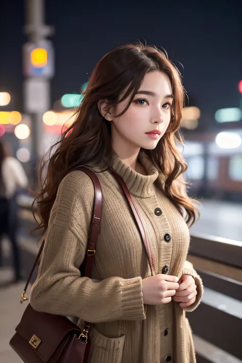 1womanl、Early 20s、(Strong-willed super beauty)、(ultra beautiful faces)、Wearing makeup、Wavy brown hair、Standing on the station platform in the big city at night、Background is a stationary train、Shallow depth of field