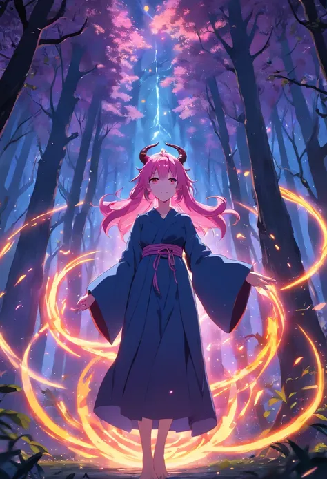 (a pink-haired demon woman,spells:1.1,glowing:1.1)(illustration)(best quality,ultra-detailed,realistic:1.37),demonic witch(demonic:1.1)(magic:1.1)(forest)(dark and mysterious,ominous atmosphere),casting powerful spells,creating magical energy(magic:1.1),vi...