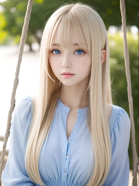 Very beautiful face,Wind silky blonde super long hair,Swing bangs,16 year old cute sexy girl、bright big pale blue eyes、A neat and very cute beautiful girl