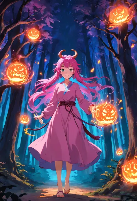 (a pink-haired demon woman,spells:1.1,glowing:1.1)(illustration)(best quality,ultra-detailed,realistic:1.37),demonic witch(demonic:1.1)(magic:1.1)(forest)(dark and mysterious,ominous atmosphere),casting powerful spells,creating magical energy(magic:1.1),vi...