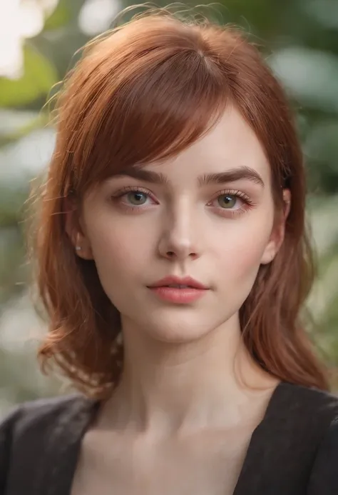 melhor qualidade, obra prima, uma imagem super realista, ultra detalhada, pele com textura realista, 4K分辨率, obro prima, fotografia profissional, Make a realistic image of a 20-year-old girl with straight red hair and bangs, de olhos verdes, bonita e rosto ...