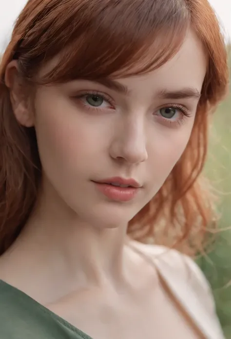 melhor qualidade, obra prima, uma imagem super realista, ultra detalhada, pele com textura realista, 4K分辨率, obro prima, fotografia profissional, Make a realistic image of a 20-year-old girl with straight red hair and bangs, de olhos verdes, bonita e rosto ...