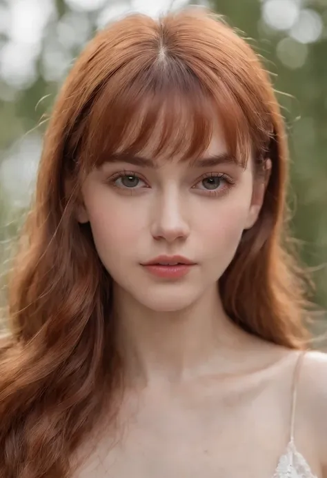 melhor qualidade, obra prima, uma imagem super realista, ultra detalhada, pele com textura realista, 4K分辨率, obro prima, fotografia profissional, Make a realistic image of a 20-year-old girl with straight red hair and bangs, de olhos verdes, bonita e rosto ...