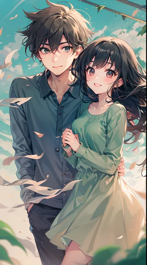 masterpiece, anime, kawaii, cute, romantic, best quality, 2others, couple, mature, adult, height difference, different fashion, different color, casual clothes, long sleeves, smile, happy, love, swirling wind, blue sky, man with long hair, man with light b...