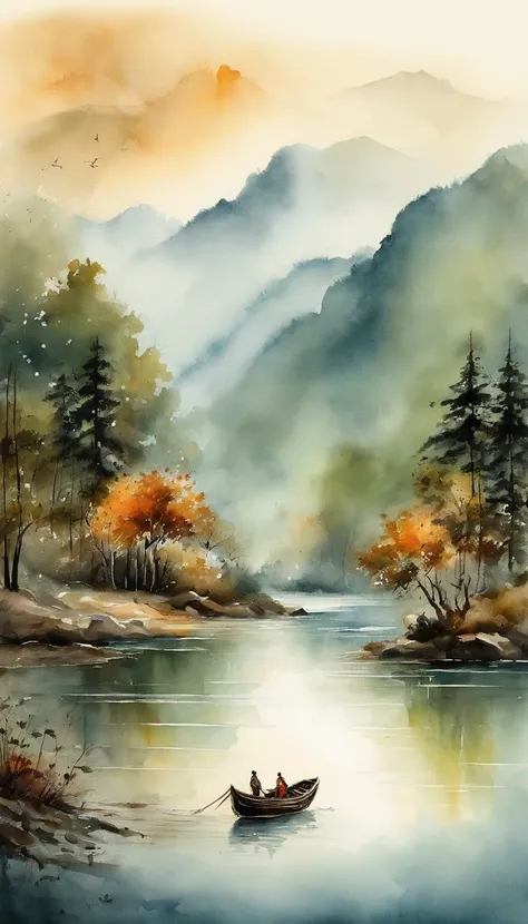 landscape painting，ink and watercolor painting，water ink，ink，Smudge，Faraway view，Ultra-wide viewing angle，Meticulous，Light boat in the distance，Faraway view，Meticulous，the trees，Smudge，low-saturation，Low contrast，The light boat has crossed the Ten Thousand...