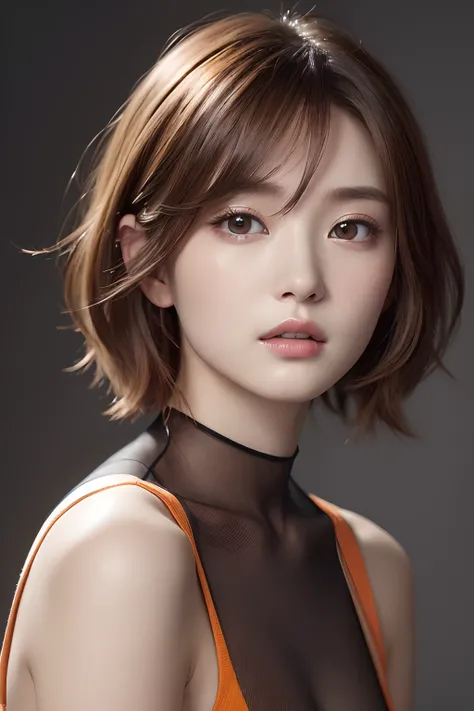 (masuter piece:1.3)、(8K、Photorealsitic、Raw photography、top-quality: 1.4)、(1girl in、25-years old)、beautiful countenance、(Small adult face)、(Orange-brown、short-hair:1.3)、Beautiful hairstyle、realisticeyes、Beautiful details、（real looking skin）、Beautiful skins、...