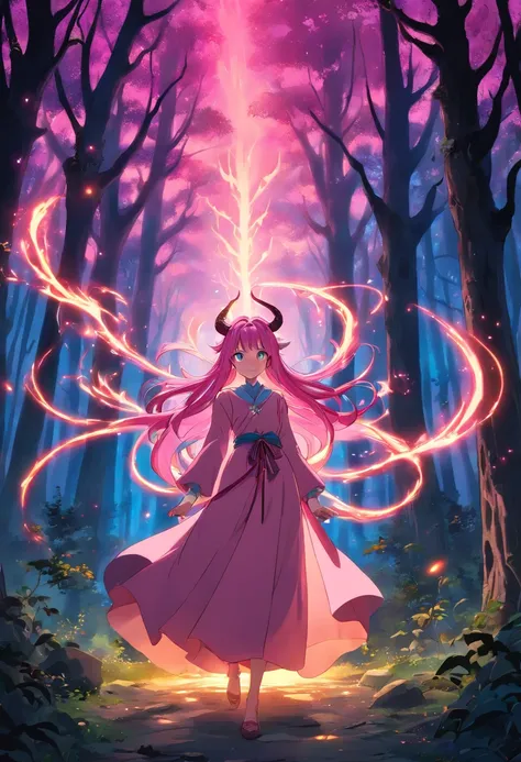 (a pink-haired demon woman,spells:1.1,glowing:1.1)(illustration)(best quality,ultra-detailed,realistic:1.37),demonic witch(demonic:1.1)(magic:1.1)(forest)(dark and mysterious,ominous atmosphere),casting powerful spells,creating magical energy(magic:1.1),vi...