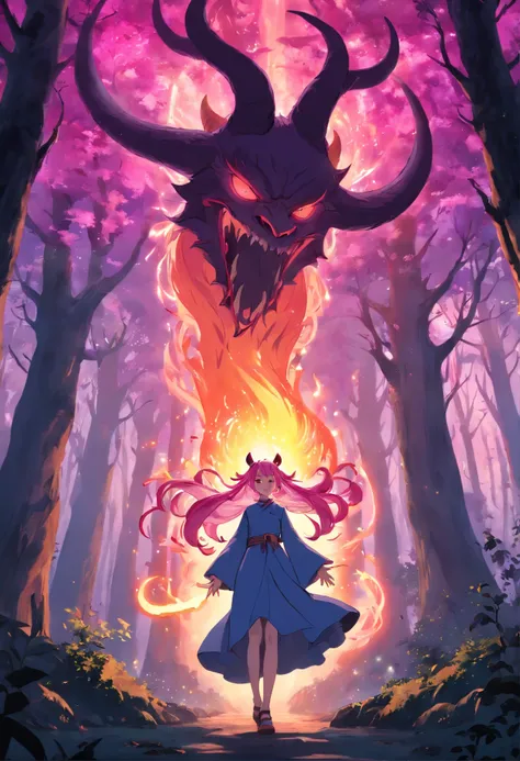 (a pink-haired demon woman,spells:1.1,glowing:1.1)(illustration)(best quality,ultra-detailed,realistic:1.37),demonic witch(demonic:1.1)(magic:1.1)(forest)(dark and mysterious,ominous atmosphere),casting powerful spells,creating magical energy(magic:1.1),vi...