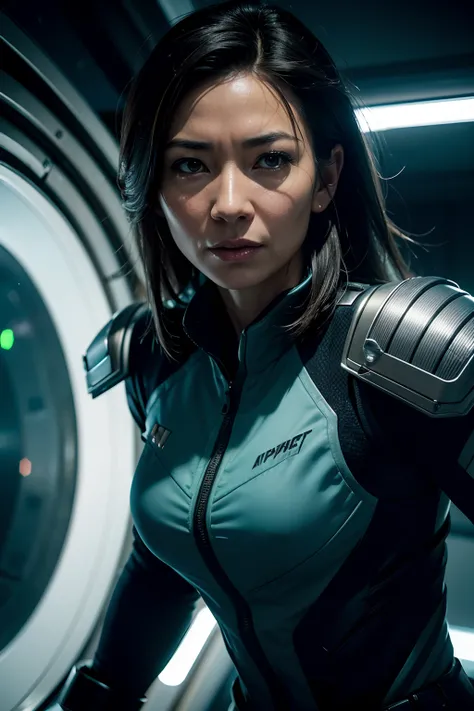 Michelle Yeoh as a spaceship captain commanding a crew, glowing lights, (dynamic pose), (hyper realistic:1.4), (realistic:1.3), (best quality real texture skin), full body, (Cinematic Light), highly detailed skin, skin pores, (highly detailed face:1.1), (h...