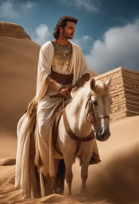 Homem de 30 anos, Beleza Hebreia, biblical story, Joseph of Egypt, rosto muito bonito, olhos castanhos , white egyptian clothes with blue details, gold necklace on neck, sitting in an Egyptian carriage with two white horses, strolling through the Egyptian ...